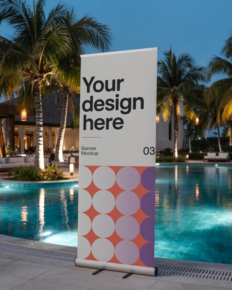 Elegant Poolside Banner Mockup For Luxury Resort Promotion And Creative Advertising Showcase